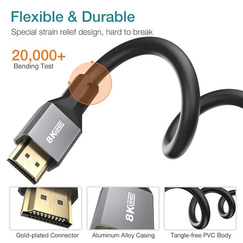 Certified HDMI Cable 2.1, VW-1 8K HDMI Cable, 48Gbps Flexible HDMI 2.1 Cable Supports 8K@60Hz 4K@240Hz 144Hz 120Hz, HDR VRR G-SYNC eARC DLSS FSR HDCP 2.3 for Xbox/PS5/Sonudbar/Apple TV/PCs (6.6ft) in Saudi Arabia