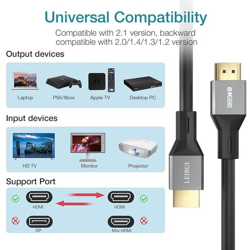 Certified HDMI Cable 2.1, VW-1 8K HDMI Cable, 48Gbps Flexible HDMI 2.1 Cable Supports 8K@60Hz 4K@240Hz 144Hz 120Hz, HDR VRR G-SYNC eARC DLSS FSR HDCP 2.3 for Xbox/PS5/Sonudbar/Apple TV/PCs (6.6ft) in Saudi Arabia