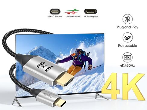 كابل USB C إلى HDMI بطول 10 أقدام، 4K@30 هرتز Thunderbolt 4 متوافق مع iPhone 16/15 Pro/Max، MacBook Pro/Air، iPad Pro/Air، Galaxy S25 إلى S9، Dell XPS، Surface Pro، Steam Deck والمزيد in Kuwait