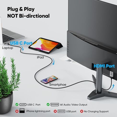 كابل USB C إلى HDMI بطول 10 أقدام، 4K@30 هرتز Thunderbolt 4 متوافق مع iPhone 16/15 Pro/Max، MacBook Pro/Air، iPad Pro/Air، Galaxy S25 إلى S9، Dell XPS، Surface Pro، Steam Deck والمزيد in Kuwait