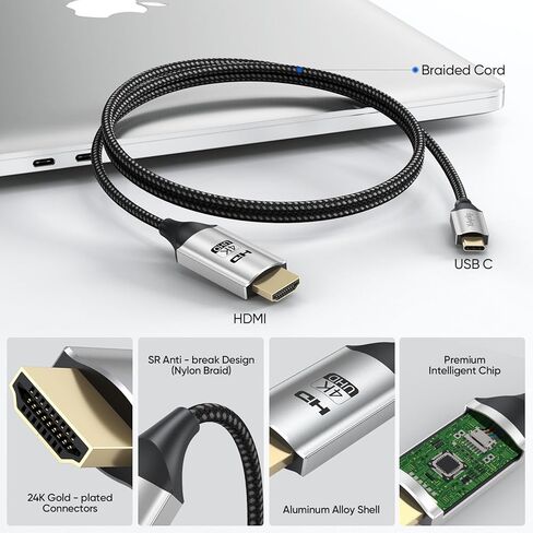 كابل USB C إلى HDMI بطول 10 أقدام، 4K@30 هرتز Thunderbolt 4 متوافق مع iPhone 16/15 Pro/Max، MacBook Pro/Air، iPad Pro/Air، Galaxy S25 إلى S9، Dell XPS، Surface Pro، Steam Deck والمزيد in Kuwait