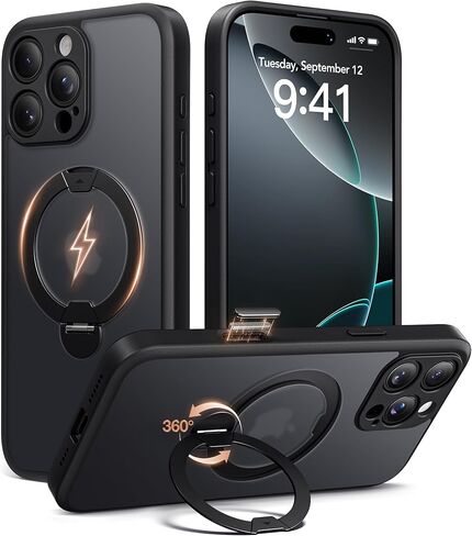 Magnetic Unbreakable Stand for iPhone 16 Pro Max Case, [Anti-Slip] [Military-Grade Protection] [Compatible with MagSafe] Slim Translucent Matte Wireless Charging Phone Cover, Black in Saudi Arabia