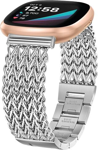Metal Band Compatible for Fitbit Versa 4/Sense 2/Versa 3/Sense, 22mm Dressy Stainless Steel Chain Strap Designer Wristband in Saudi Arabia