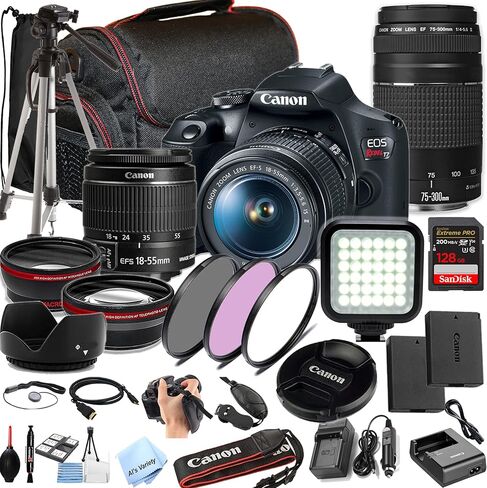 Canon EOS Rebel T7 Camera Bundle W/ 18-55mm, 75-300mm Lenses with 128GB Extreme Speed Card, LED Video Light, Camera Case, Tripod,Spare Battery, Filter Kit, and More (Essential DSLR Kit) (Renewed) in Saudi Arabia