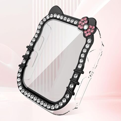 Cartoon Bow Cat Bling Case for Apple Watch SE/Series 10/9/8/7/6/5/4 44mm 45mm with Tempered Glass Screen Protector, Crystal Diamond Full Cover Protective Case (Silver,44mm) in Saudi Arabia