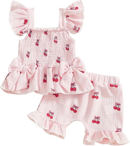 2Pcs Baby Girl Summer Outfits Cherry Strawberry Print Sleeveless Ruffled Bow Design Smocked Tank Top+ Shorts Set in Kuwait