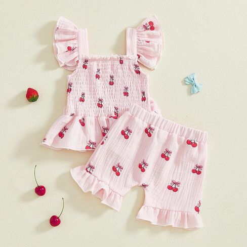 2Pcs Baby Girl Summer Outfits Cherry Strawberry Print Sleeveless Ruffled Bow Design Smocked Tank Top+ Shorts Set in Saudi Arabia