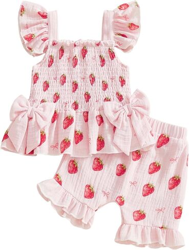 2Pcs Baby Girl Summer Outfits Cherry Strawberry Print Sleeveless Ruffled Bow Design Smocked Tank Top+ Shorts Set in Saudi Arabia