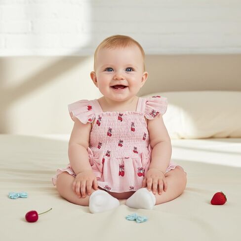 2Pcs Baby Girl Summer Outfits Cherry Strawberry Print Sleeveless Ruffled Bow Design Smocked Tank Top+ Shorts Set in Saudi Arabia