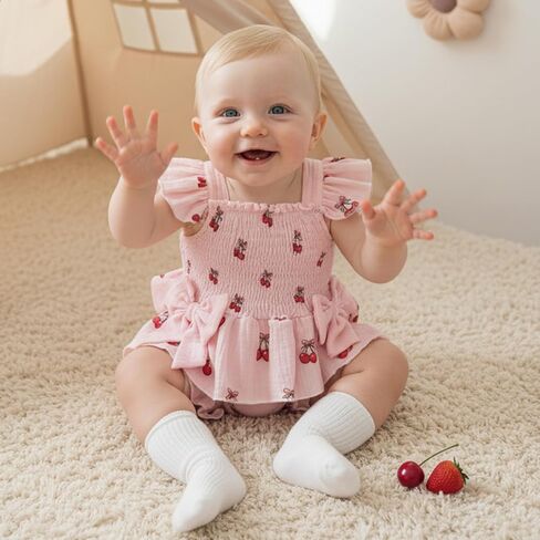 2Pcs Baby Girl Summer Outfits Cherry Strawberry Print Sleeveless Ruffled Bow Design Smocked Tank Top+ Shorts Set in Saudi Arabia