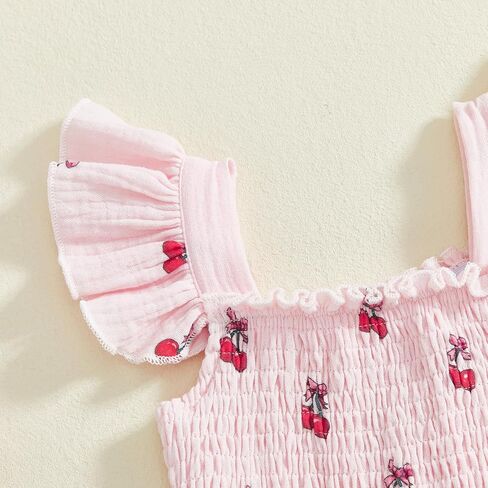 2Pcs Baby Girl Summer Outfits Cherry Strawberry Print Sleeveless Ruffled Bow Design Smocked Tank Top+ Shorts Set in Saudi Arabia