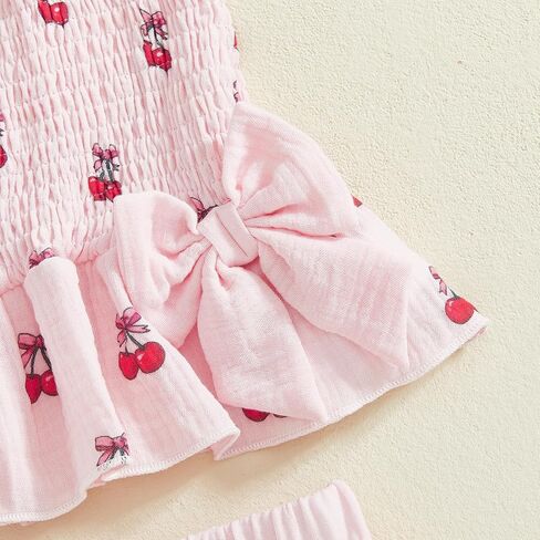 2Pcs Baby Girl Summer Outfits Cherry Strawberry Print Sleeveless Ruffled Bow Design Smocked Tank Top+ Shorts Set in Saudi Arabia