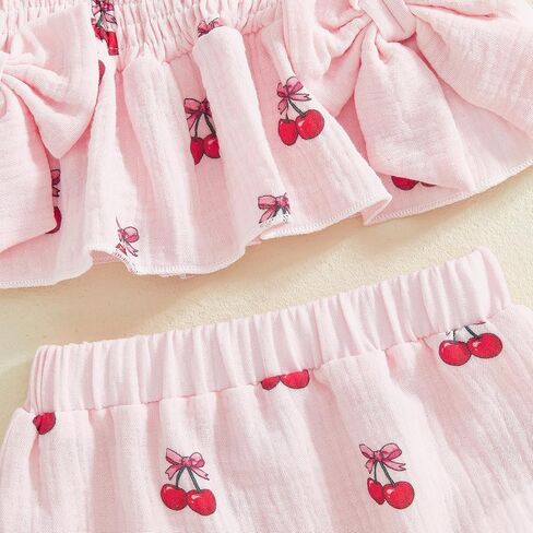 2Pcs Baby Girl Summer Outfits Cherry Strawberry Print Sleeveless Ruffled Bow Design Smocked Tank Top+ Shorts Set in Saudi Arabia