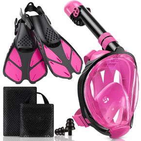 Viginsul Snorkeling Gear for Kids Teens, Full Face Snorkel Mask & Adjustable Swim Fins Snorkel Set, Panoramic View Snorkel Mask with Dry Top System & Gear Bag, Anti-Fog Anti-Leak