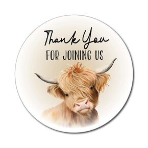 36 2.5 inch Highland Cow Thank You Birthday or Baby Shower Stickers, Unisex Party Favor Labels, Neutral Beige Fluffy Cows