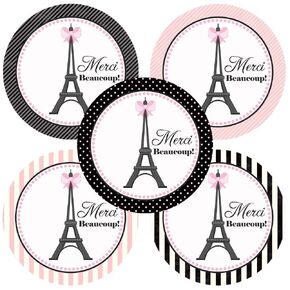 Paris Merci Beaucoup Sticker Labels by Adore By Nat - Birthday Baby Shower Bridal Wedding Party Favors - Set of 50