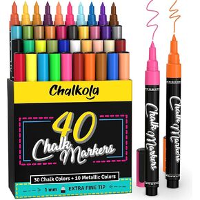 Extra Fine Tip Chalk Markers - (1mm Tip, Pack of 40) Neon, Pastel & Metallic | Erasable Liquid Chalk Pens for Chalkboard, Blackboard, Window, Labels, Bistro, Glass - Wet Erase Markers Fine Point