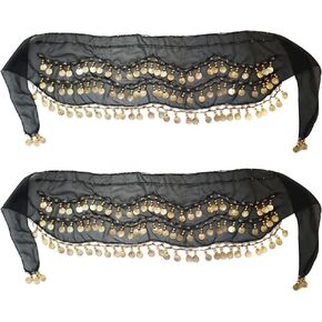 2 Pieces Belly Dance Hip Scarf, Sweet Belly Dance Skirt Wrap Performance Bling Sequins Coins, Belly Dance Costume for Women Black