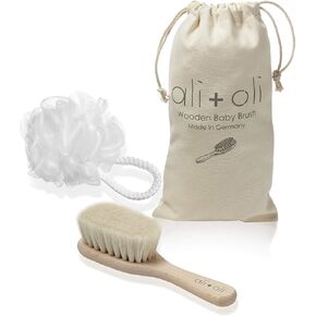 Ali+Oli Newborn Wooden Hair Brush- Baby Brush Set for Newborns- Baby Hair Brush with Mini Loofah- Infant Hair Brush, Cradle Cap, Wooden Baby Brush with Soft Goat Bristle