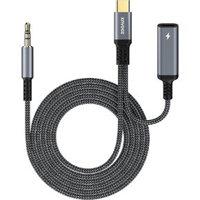 ZOOAUX USB Type C to 3.5mm Female Headphone and Charger Adapter,USB C to Aux Audio Dongle Cable Cord for Pixel 4 3 XL,Samsung S23 S22 S21 S20+ Note 20 10 (2 Ports, Grey)