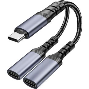 LecLooc USB C Splitter, Dual USB C Headphone and Charger Adapter,2 in 1 Type C Audio Dongle Cable with PD 60W Fast Charging Support Call Music for iPhone 15, Pixel 4 3 XL, Galaxy S23 S22, iPad Pro