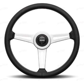MOMO Motorsport Retro Steering Wheel Black Leather Grip Brushed Aluminum Spoke White Stitch 360mm - RET36BK2S