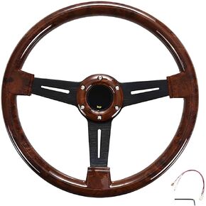 15" Classic Wood Grain Steering Wheel Riveted Light Wood Grip, Universal Automotive Steering Wheels Slotted 3 Spoke with Horn Button, 380mm 15inch Silver with Rivet