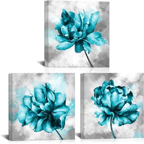 LoveHouse Turquoise Flower Pictures Teal Canvas Wall Art Teal Blue Flowers Floral Painting Wall Decor Turquoise Bathroom Picures
