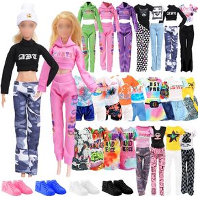 24 PCS Handmade Doll Clothes and Accessories Compatible with Barbie 11.5 inch Doll Including 1 Fashion Set 1 Hat 1 Sports Set 2 Dress Set 5 Tops and 5 Pants Outfits Set 4 Pair of Shoes in Random