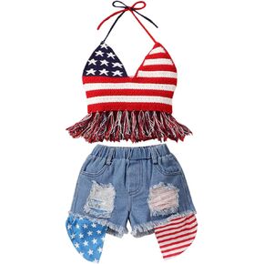 Doqcey Baby Girl 4th of July Outfits USA Flag Knit Sleeveless Halter Fringe Crop Top Ripped Denim Shorts Set Summer Clothes
