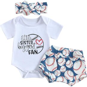 Chloefairy Newborn Baby Girl Baseball Outfit Little Sister Biggest Fan Romper Ruffle Baseball Shorts Set