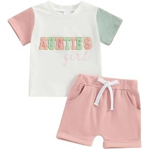 Gueuusu Auntie 's Girl Baby Clothes Toddler Short Sleeve Letter Embroidery T Shirt Drawstring Shorts Set Cute Summer Outfit