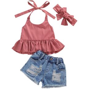 LXXIASHI Toddler Infant Baby Hanging Neck Tank Tops + Ripped Denim Shorts Summer Outfits Leopard Sequin Jeans Sets