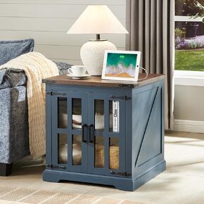 Barnyatoh Farmhouse End Table with Charging Station,24" Large Sofa Side Table with Glass Barn Door, Rustic Wood Nightstand Bedside Table with Adjustable Storage Shelf for Living Room, Bedroom, Walnut
