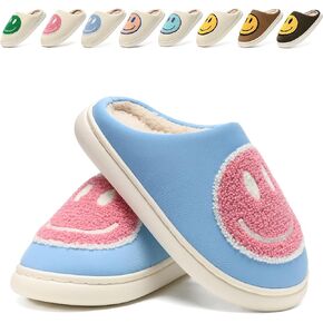 sharllen Soft Pu Leather Smile Face Slippers for Women Men Comfy Warm Cute Fuzzy Retro Lightweight House Slippers Casual Shoes Memory Foam Slip-On Bedroom Slides for Indoor Outdoor Winter-New Version