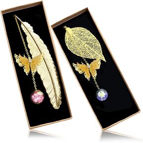 Book Lovers Gifts, Stockings Stuffers for Mens Women,Metal Bookmarks,2 Pack Fancy Feather Leaf Book Mark with Butterfly for Book Lovers Christmas