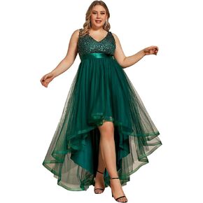 Ever-Pretty Womens Double V Neck A Line High Low Sequin Tulle Plus Size Formal Dresses for Curvy Women 0147A-DA