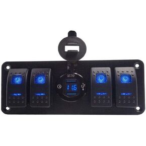 Marine Switch Panel with Quick Charger Dual USB Charger Voltmeter Waterproof 12V-24V DC Rocker Switch, Boat Switch Panel with Night Glow Stickers for RV Boats Cars Trucks