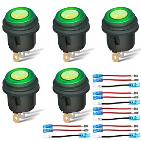 5 Pack SPST 3 Pin ON/Off Waterproof Round Rocker Toggle Switch 12V 20 Amp Red LED Indicator with Pre-Wired for Car Vehicle Trailer Truck SUV Marine Boat RV Ship Motorcycle