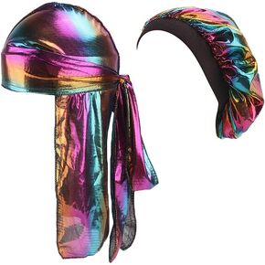 Durags and Bonnets 2pcs/Set for Men Women 360 Wave, Long Tail Silky Doo rag and Turban Sleep Cap