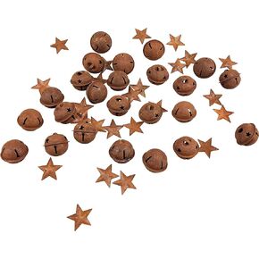 48 Pcs Rusty Craft Jingle Bells with Star Shaped Cutouts Includes 24 pcs Rusty Stars with a Hollow for Christmas Holiday Home Party Decor