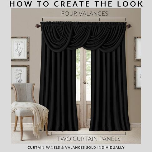 ستارة نافذة شلال لتعتيم الغرفة لجميع الفصول من Elrene Home Fashions، ملحق لغرفة النوم أو نوافذ غرفة المعيشة مع عروات جيب على شكل قضيب، 52 بوصة × 36 بوصة، أسود، 1 ستارة قصيرة in Saudi Arabia