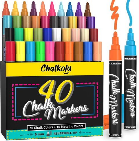 Extra Fine Tip Chalk Markers - (1mm Tip, Pack of 40) Neon, Pastel & Metallic | Erasable Liquid Chalk Pens for Chalkboard, Blackboard, Window, Labels, Bistro, Glass - Wet Erase Markers Fine Point in Saudi Arabia