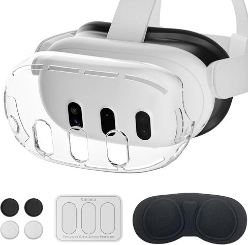 Protective Case for Meta Quest 3, AOLION Accessories for Meta Quest 3, Highly Transparent Impact Resistant Case Come with 1* Inside Lens Cover, 3* Lens Tempered Glass Protector, 4* Joystick Caps in Kuwait
