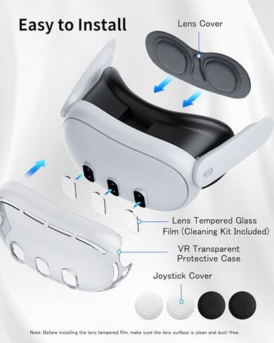 Protective Case for Meta Quest 3, AOLION Accessories for Meta Quest 3, Highly Transparent Impact Resistant Case Come with 1* Inside Lens Cover, 3* Lens Tempered Glass Protector, 4* Joystick Caps in Kuwait