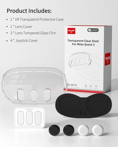 Protective Case for Meta Quest 3, AOLION Accessories for Meta Quest 3, Highly Transparent Impact Resistant Case Come with 1* Inside Lens Cover, 3* Lens Tempered Glass Protector, 4* Joystick Caps in Kuwait