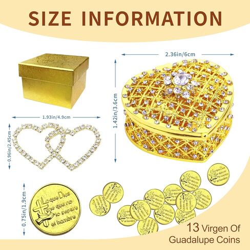 مجموعة عملات الزفاف أراس، 15 قطعة من عملات أراس دي بودا الإسبانية لحفلات الزفاف في صندوق من اللؤلؤ والكريستال على شكل قلب، مجموعة عملات الوحدة، أراس بارا بودا كاتوليكا، إكسسوارات الزفاف المكسيكية للاحتفال in Kuwait