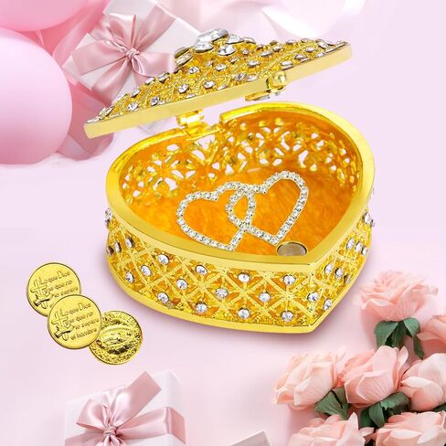 مجموعة عملات الزفاف أراس، 15 قطعة من عملات أراس دي بودا الإسبانية لحفلات الزفاف في صندوق من اللؤلؤ والكريستال على شكل قلب، مجموعة عملات الوحدة، أراس بارا بودا كاتوليكا، إكسسوارات الزفاف المكسيكية للاحتفال in Kuwait