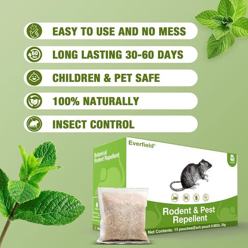 أكياس قوية طاردة للقوارض للفئران (15 كيسًا)، رادع فعال لفئران زيت النعناع، ​​رائحة لطيفة لمكافحة الآفات الطبيعية، التحكم في الصراصير النمل، آمن للأطفال والحيوانات الأليفة، للاستخدام الداخلي والخارجي in Kuwait