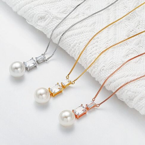 Pearl Pendant Necklace 9-10mm Pearls and Cubic Zirconia necklace with 16" Box Chain Plating 18K Gold Pearl Necklace for Women Real Pearl Necklaces in Kuwait